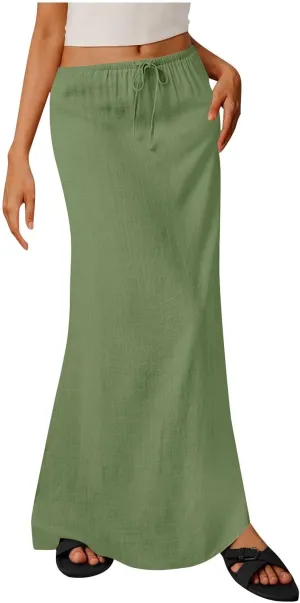 Womens Maxi Skirt Casual Flowy Drawstring High Waist Flowy Long Skirts Summer Beach Vacation Outfits Clothes