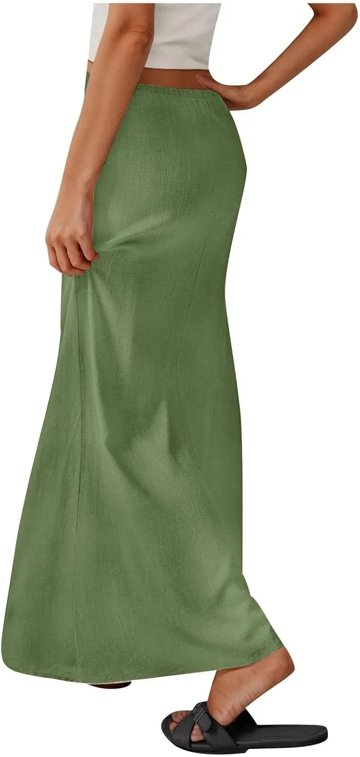 Womens Maxi Skirt Casual Flowy Drawstring High Waist Flowy Long Skirts Summer Beach Vacation Outfits Clothes