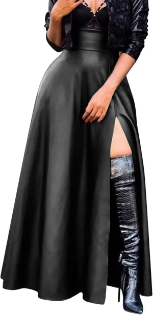Womens Maxi Skirt Long Tummy Control High Elastic Waist PU Leather Trendy High Split Skirts for Party Fashion Clubwear