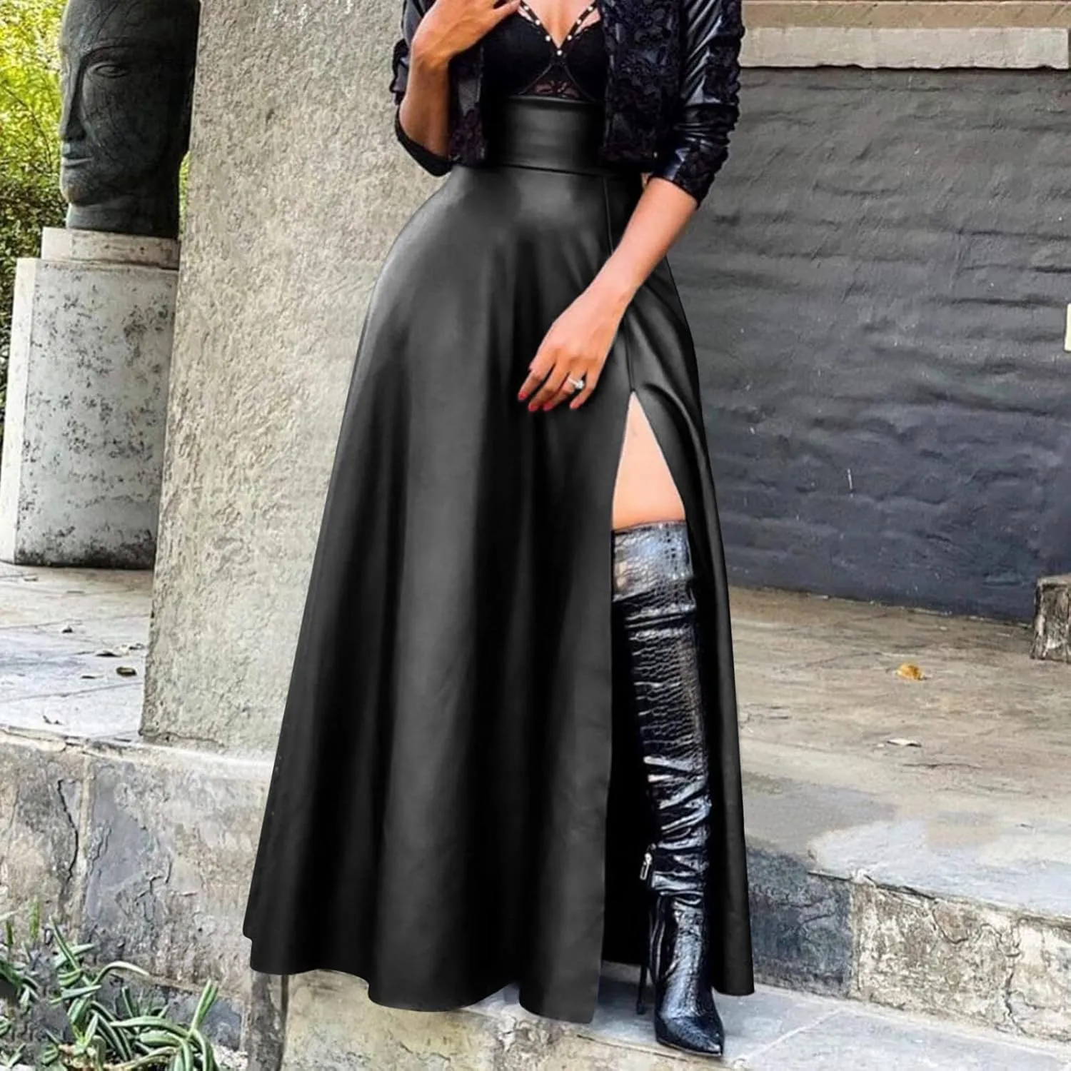 Womens Maxi Skirt Long Tummy Control High Elastic Waist PU Leather Trendy High Split Skirts for Party Fashion Clubwear
