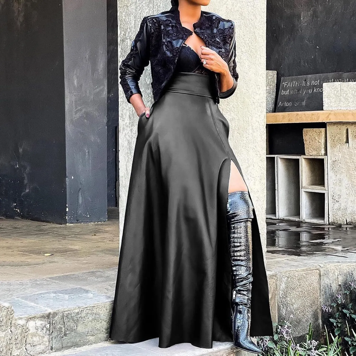 Womens Maxi Skirt Long Tummy Control High Elastic Waist PU Leather Trendy High Split Skirts for Party Fashion Clubwear