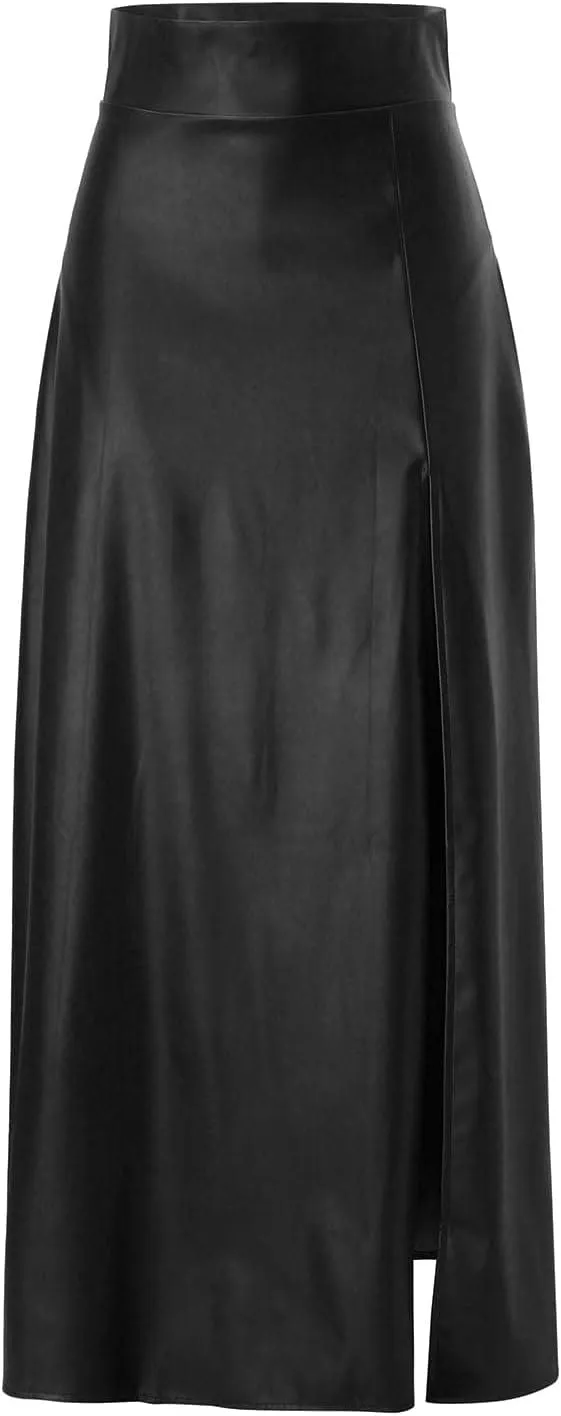 Womens Maxi Skirt Long Tummy Control High Elastic Waist PU Leather Trendy High Split Skirts for Party Fashion Clubwear