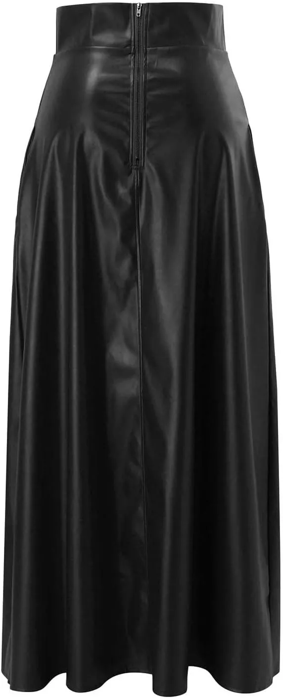 Womens Maxi Skirt Long Tummy Control High Elastic Waist PU Leather Trendy High Split Skirts for Party Fashion Clubwear