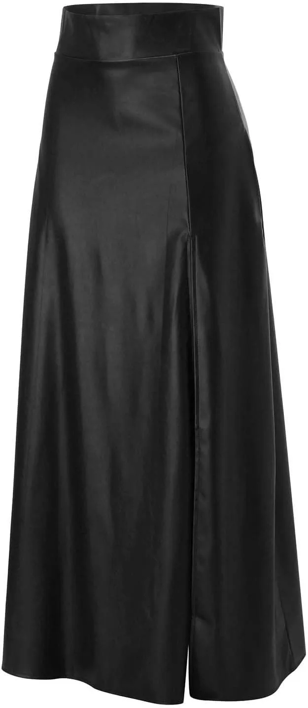 Womens Maxi Skirt Long Tummy Control High Elastic Waist PU Leather Trendy High Split Skirts for Party Fashion Clubwear