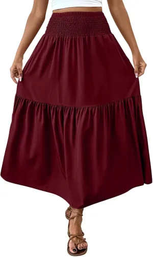 Womens Maxi Skirts Elastic High Waist A Line Flowy Long Skirts Summer Casual Layered Smocked Ruched Beach Skirt