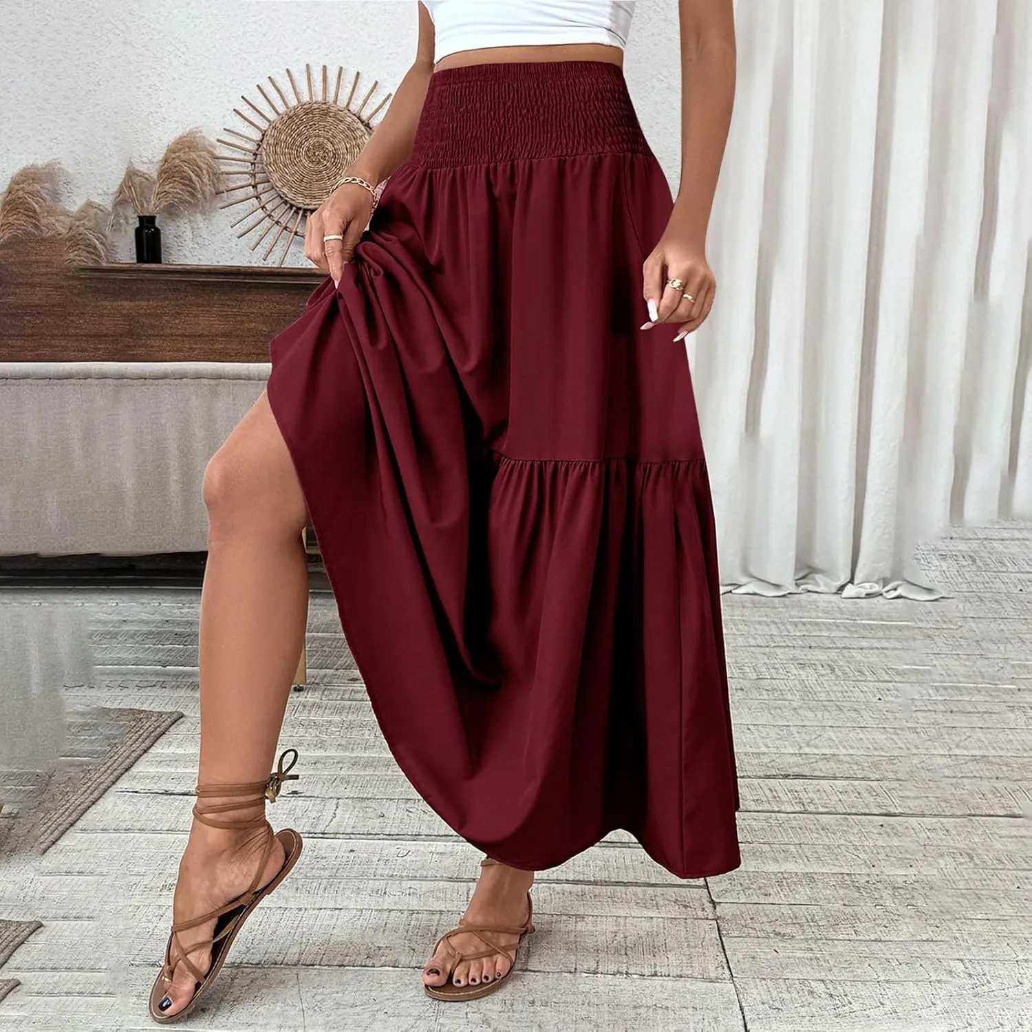 Womens Maxi Skirts Elastic High Waist A Line Flowy Long Skirts Summer Casual Layered Smocked Ruched Beach Skirt
