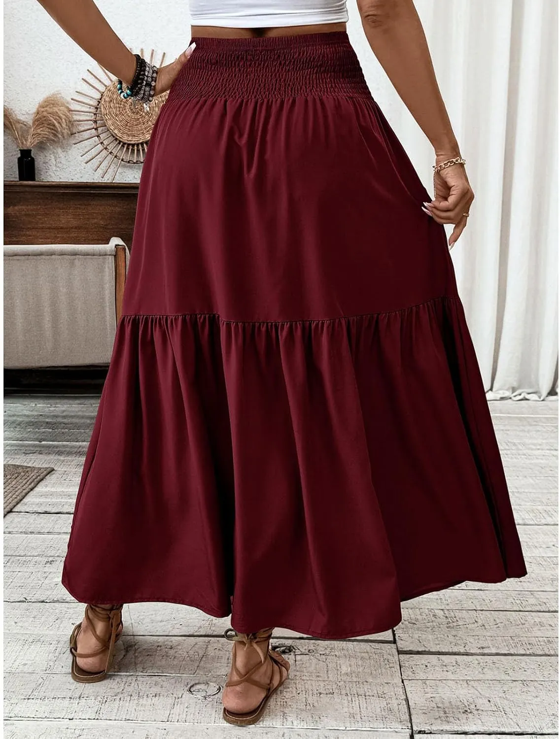 Womens Maxi Skirts Elastic High Waist A Line Flowy Long Skirts Summer Casual Layered Smocked Ruched Beach Skirt