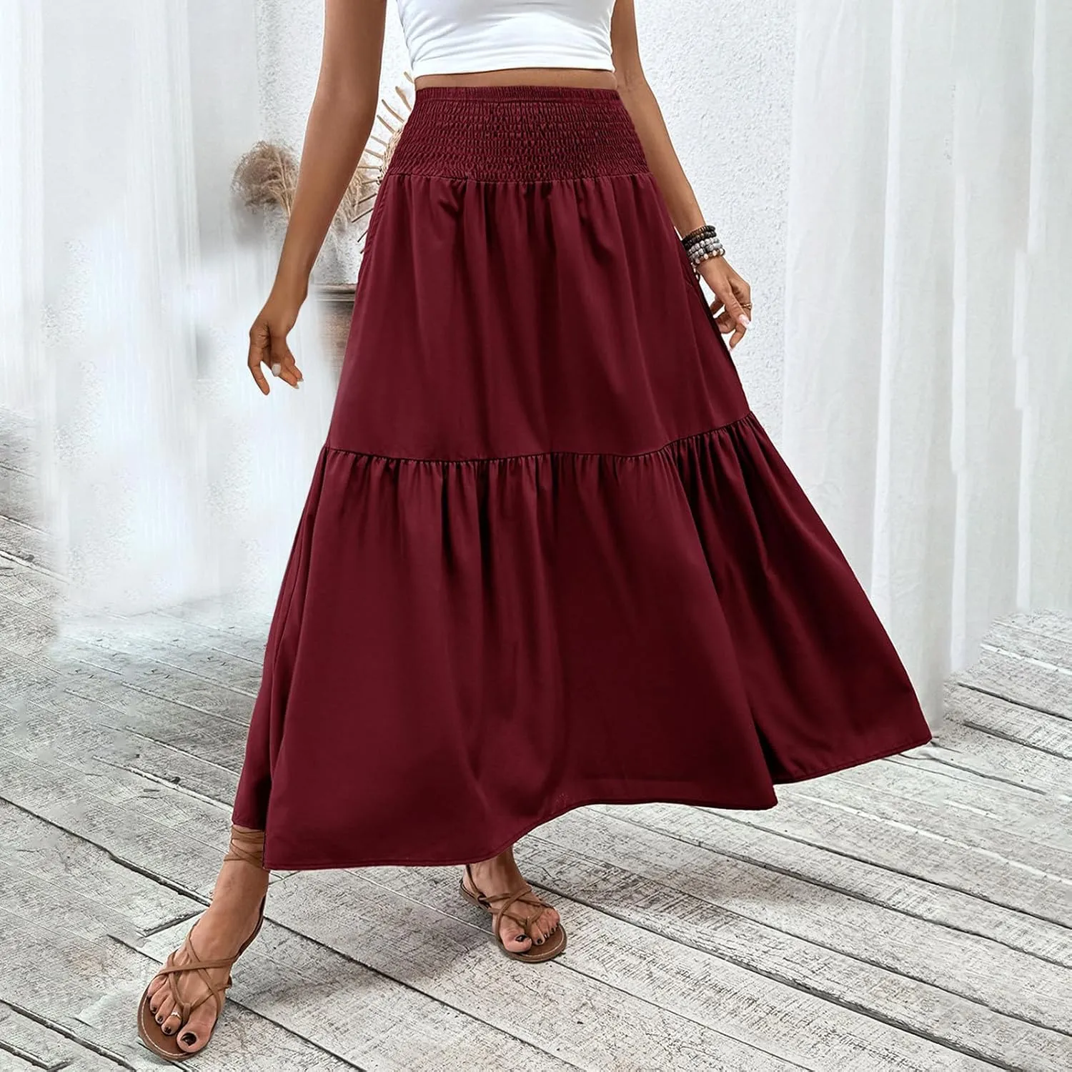 Womens Maxi Skirts Elastic High Waist A Line Flowy Long Skirts Summer Casual Layered Smocked Ruched Beach Skirt