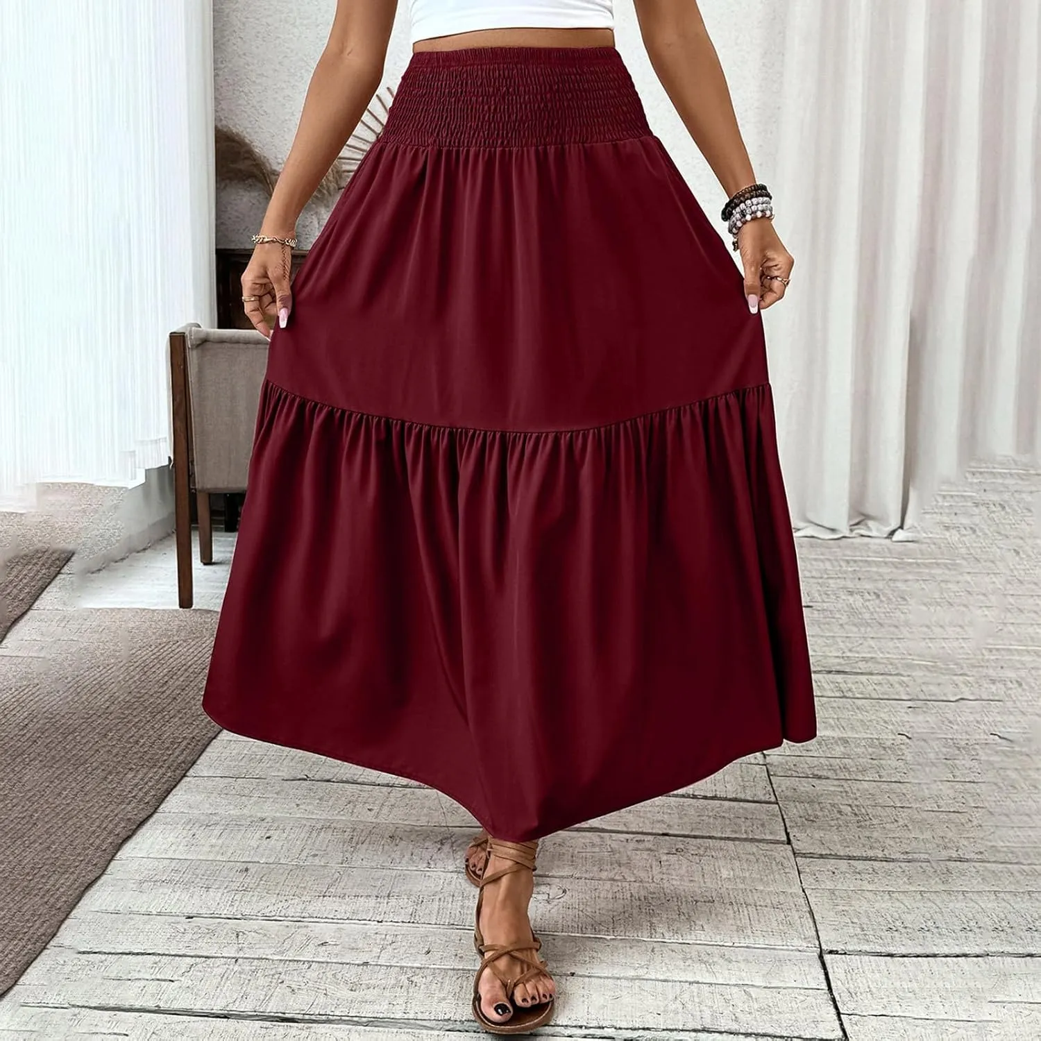 Womens Maxi Skirts Elastic High Waist A Line Flowy Long Skirts Summer Casual Layered Smocked Ruched Beach Skirt