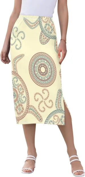 Womens Midi Pencil Skirt High Waist Stretchy Slim Fit Skirt with Side Slit
