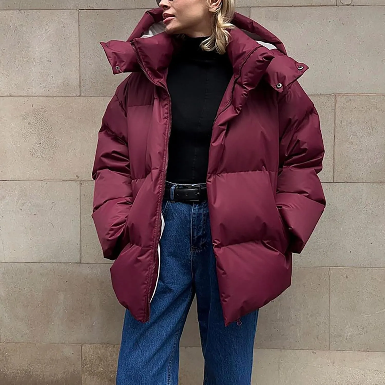Womens Oversized Down Jacket Fashion Puffer Solid Color Full Zipper Hooded Coat Winter Thicken Parka Pockets Thermal Overcoat
