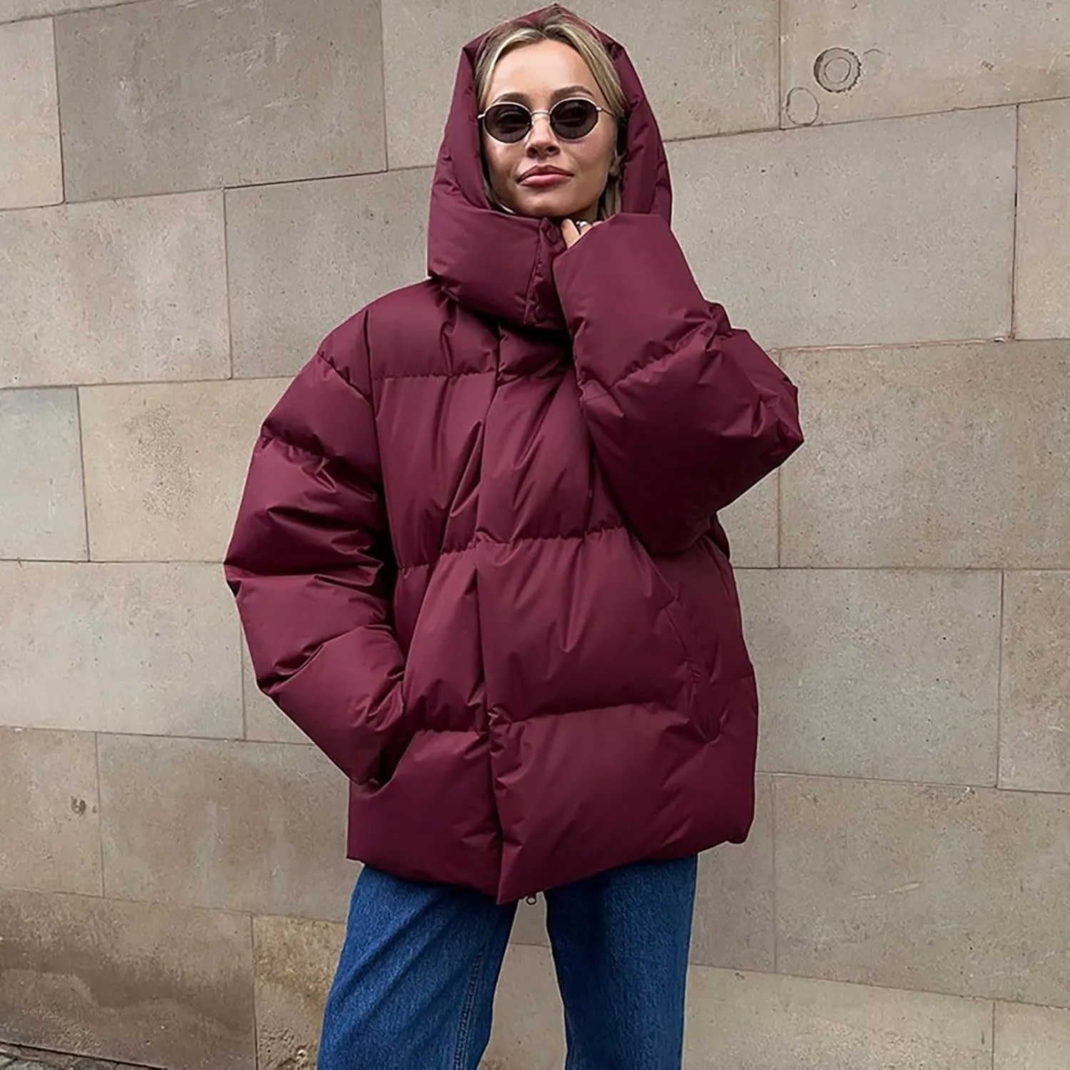 Womens Oversized Down Jacket Fashion Puffer Solid Color Full Zipper Hooded Coat Winter Thicken Parka Pockets Thermal Overcoat