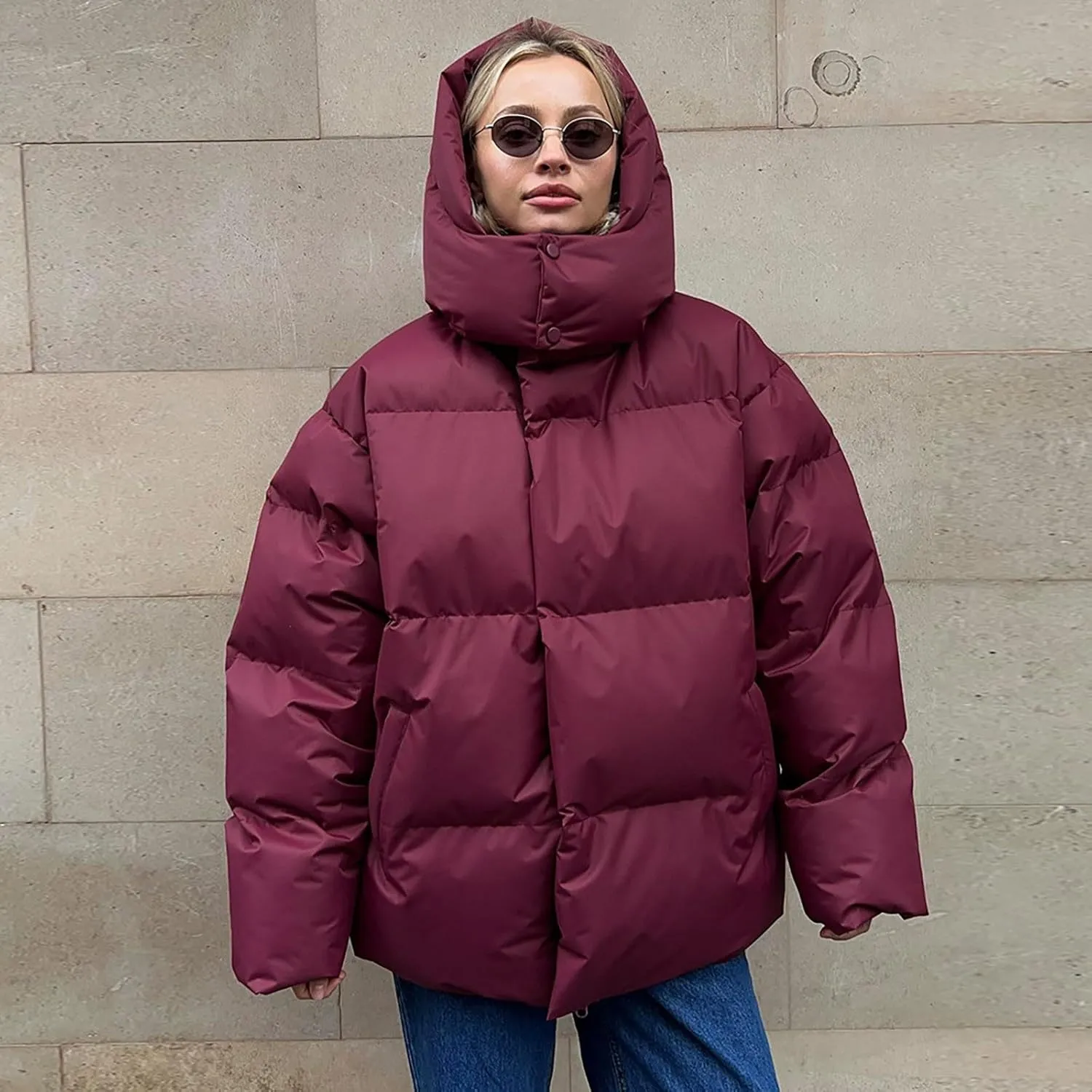 Womens Oversized Down Jacket Fashion Puffer Solid Color Full Zipper Hooded Coat Winter Thicken Parka Pockets Thermal Overcoat