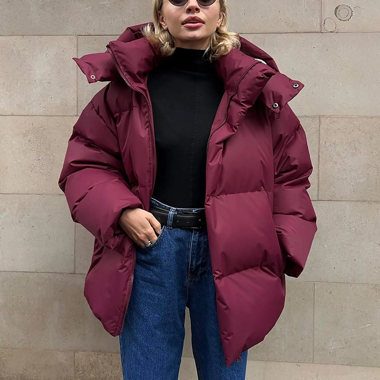 Womens Oversized Down Jacket Fashion Puffer Solid Color Full Zipper Hooded Coat Winter Thicken Parka Pockets Thermal Overcoat