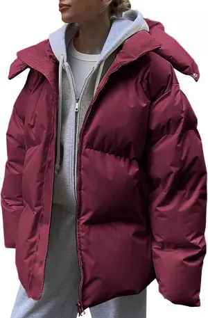 Womens Oversized Down Jacket Fashion Puffer Solid Color Full Zipper Hooded Coat Winter Thicken Parka Pockets Thermal Overcoat