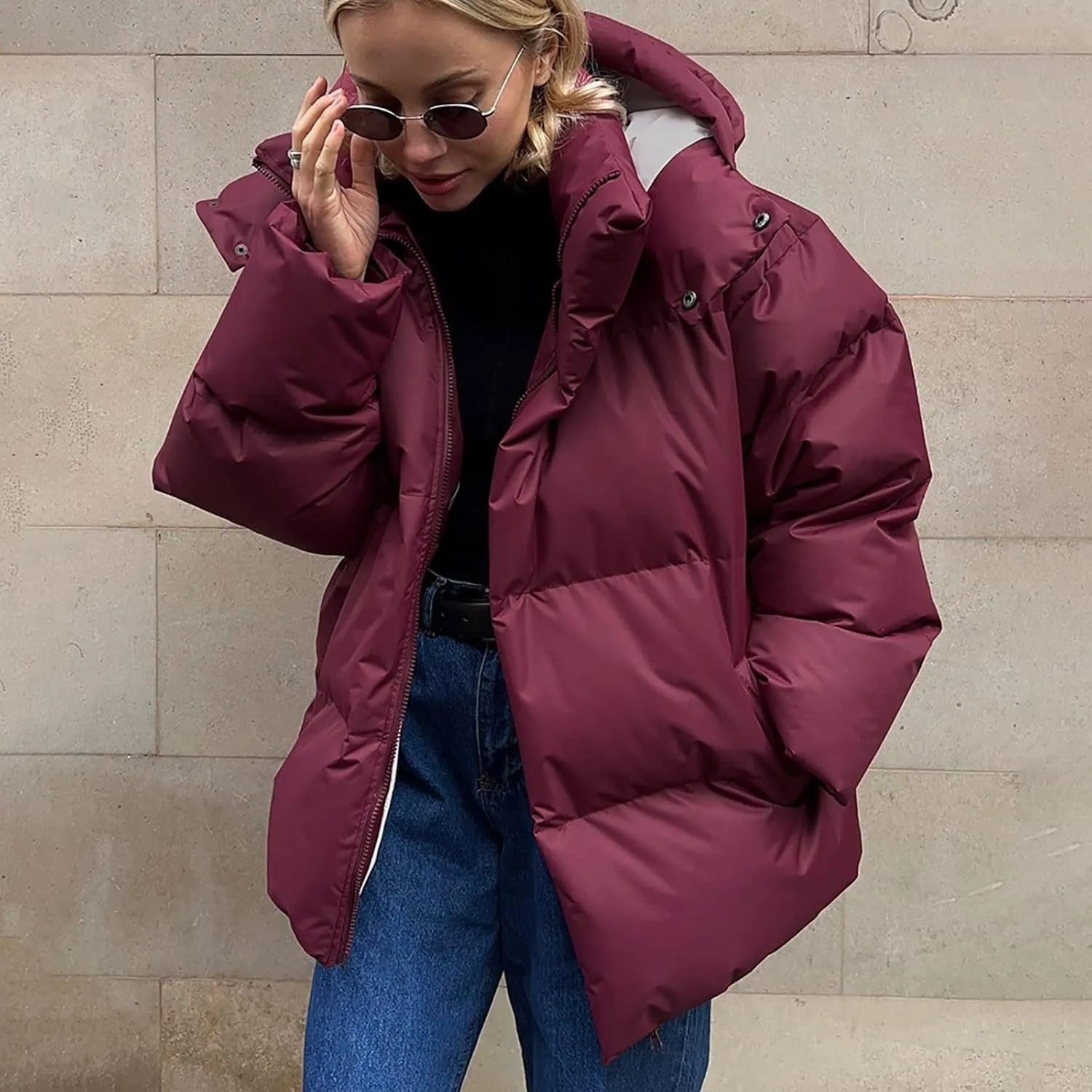 Womens Oversized Down Jacket Fashion Puffer Solid Color Full Zipper Hooded Coat Winter Thicken Parka Pockets Thermal Overcoat