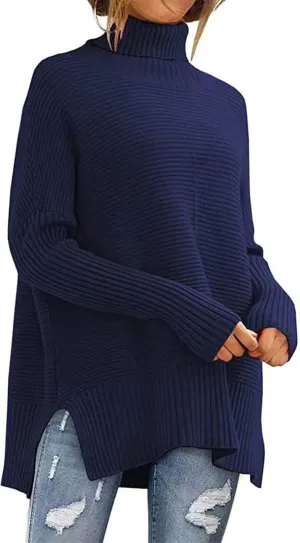 Women's Oversized Pullover Solid Turtle Neck Batwing Striped Knitted Sweater Slit Wide Hem Loose Fit Outwear Sweater