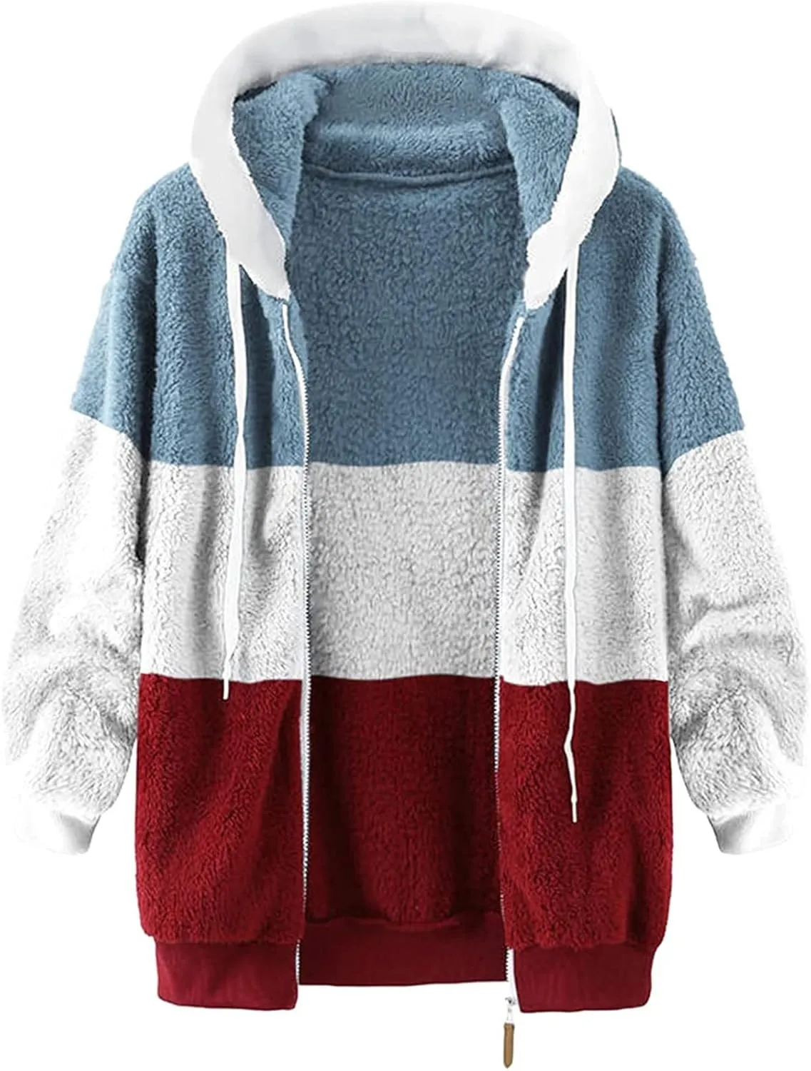 Women's Plus Size Winter Coats Loose Large Plush Multicolor Paneled Hooded Zip Jacket Coats