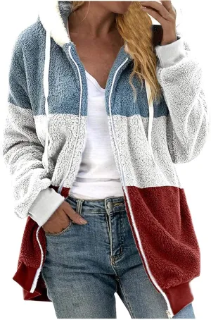 Women's Plus Size Winter Coats Loose Large Plush Multicolor Paneled Hooded Zip Jacket Coats