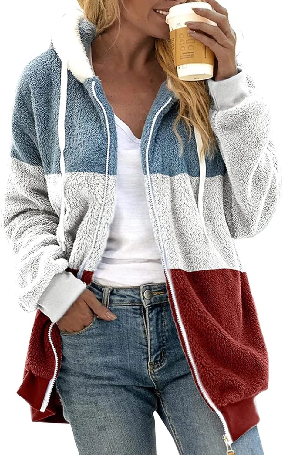Women's Plus Size Winter Coats Loose Large Plush Multicolor Paneled Hooded Zip Jacket Coats