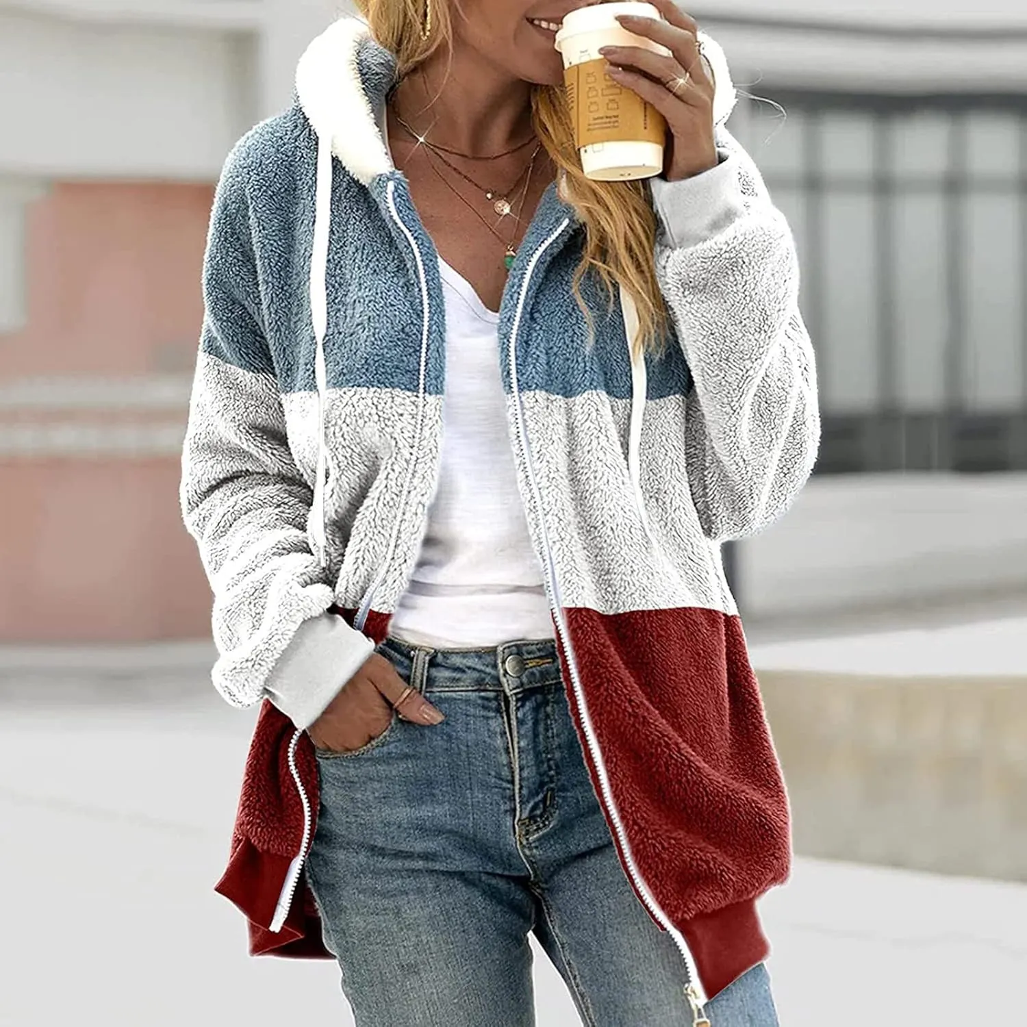 Women's Plus Size Winter Coats Loose Large Plush Multicolor Paneled Hooded Zip Jacket Coats