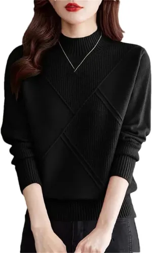 Women's Retro Plaid Sweater Solid Half Turtleneck Knitted Sweater Oversized Bottoming Top