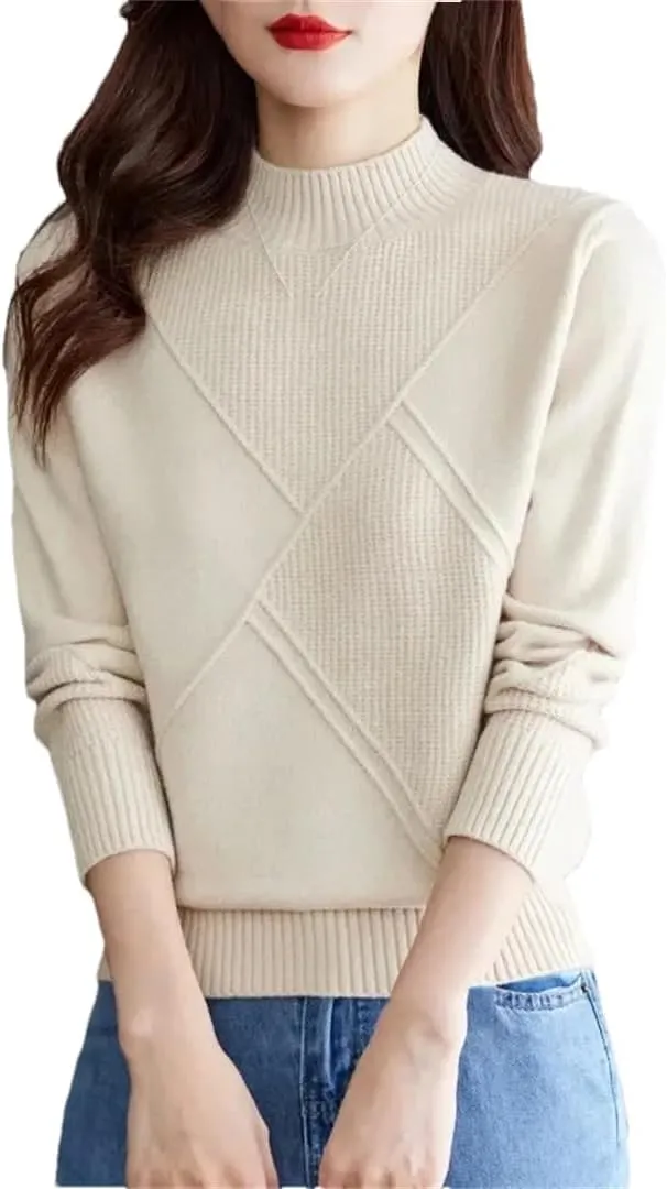 Women's Retro Plaid Sweater Solid Half Turtleneck Knitted Sweater Oversized Bottoming Top