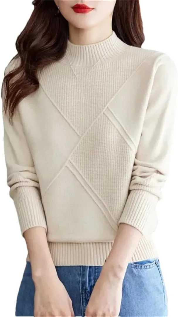 Women's Retro Plaid Sweater Solid Half Turtleneck Knitted Sweater Oversized Bottoming Top