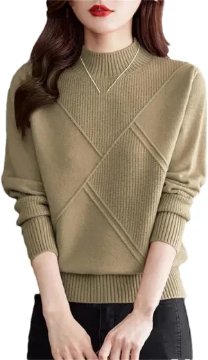 Women's Retro Plaid Sweater Solid Half Turtleneck Knitted Sweater Oversized Bottoming Top