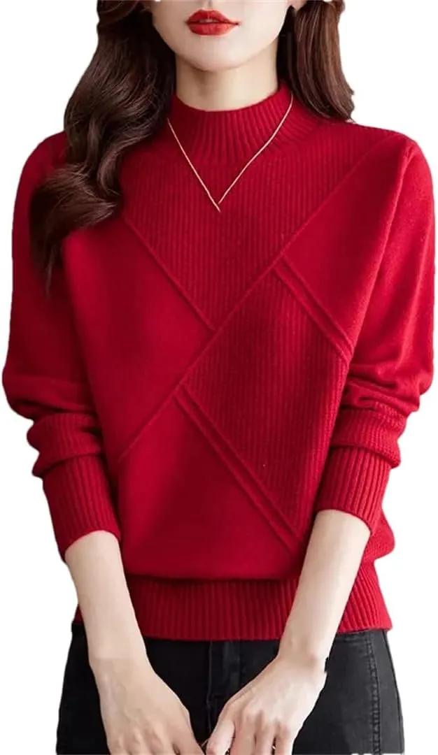 Women's Retro Plaid Sweater Solid Half Turtleneck Knitted Sweater Oversized Bottoming Top