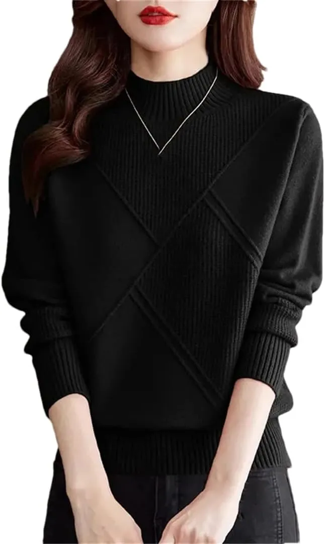 Women's Retro Plaid Sweater Solid Half Turtleneck Knitted Sweater Oversized Bottoming Top