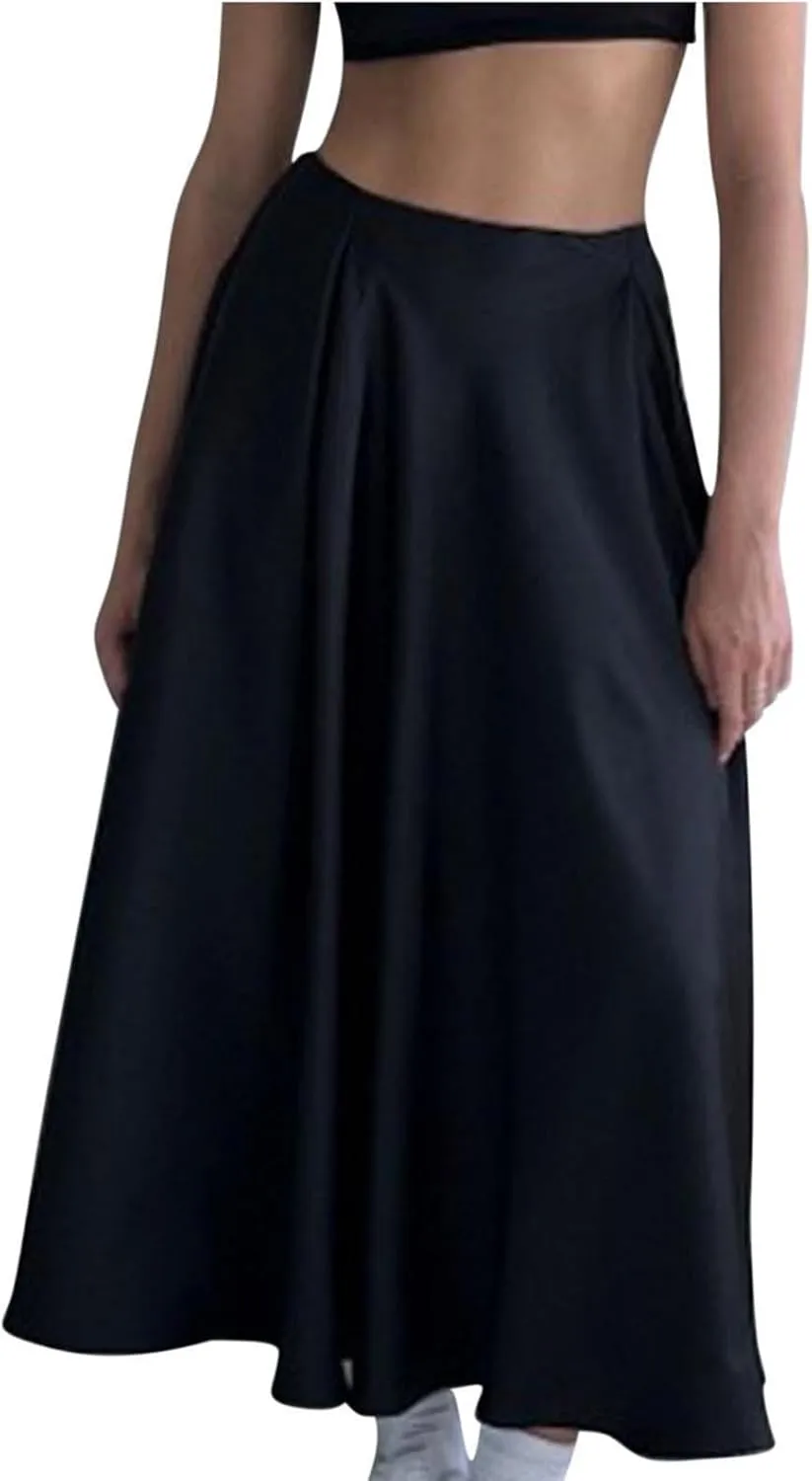 Women's Satin Maxi Skirt High Waisted Elastic Waistband Silk A-Line Dressy Evening Party Summer Flowy Long Skirts
