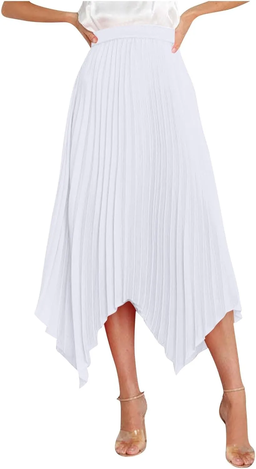 Womens Satin Midi Skirt Elegant Flowy Ruffle High Waist Silk Summer Casual Dressy Irregular Hem High Low Skirts