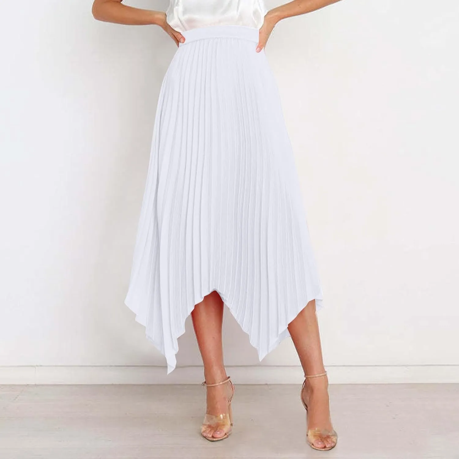 Womens Satin Midi Skirt Elegant Flowy Ruffle High Waist Silk Summer Casual Dressy Irregular Hem High Low Skirts