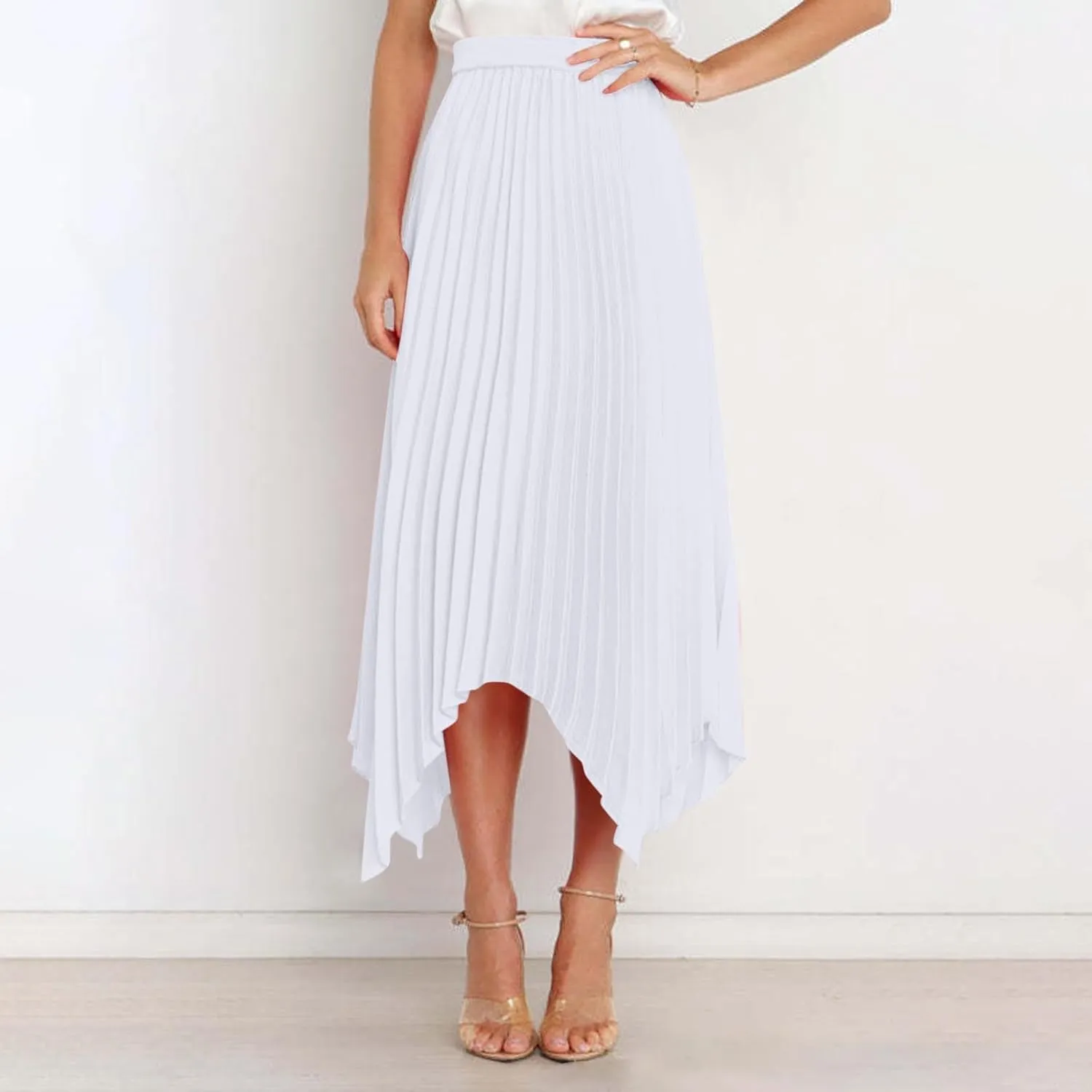 Womens Satin Midi Skirt Elegant Flowy Ruffle High Waist Silk Summer Casual Dressy Irregular Hem High Low Skirts