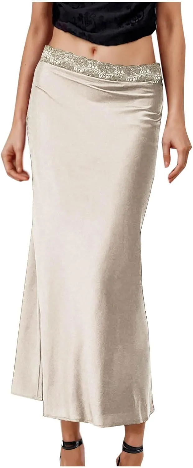 Womens Satin Silk Maxi Skirts Flared Dressy Casual Cocktail Party Evening Lace High Waist A-Line Mermaid Long Skirt