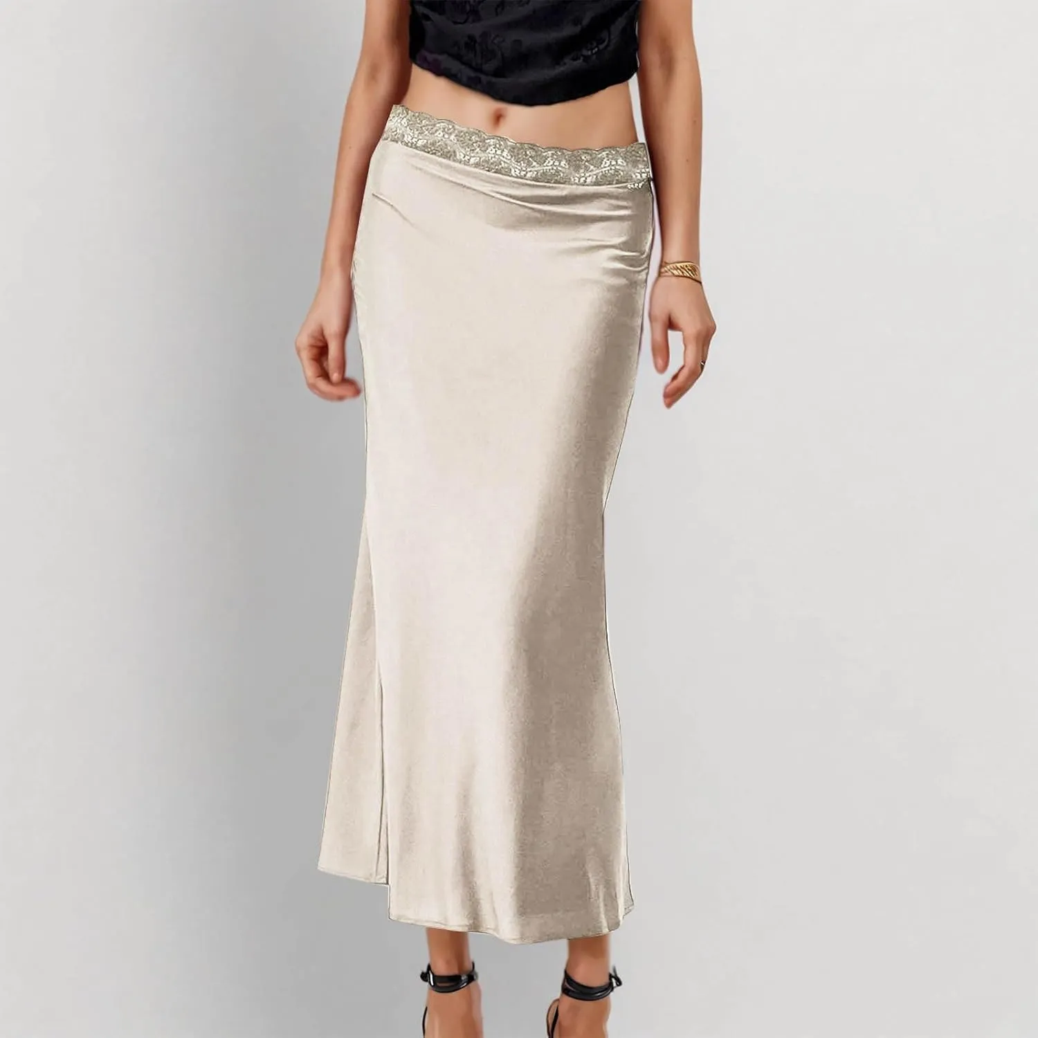 Womens Satin Silk Maxi Skirts Flared Dressy Casual Cocktail Party Evening Lace High Waist A-Line Mermaid Long Skirt