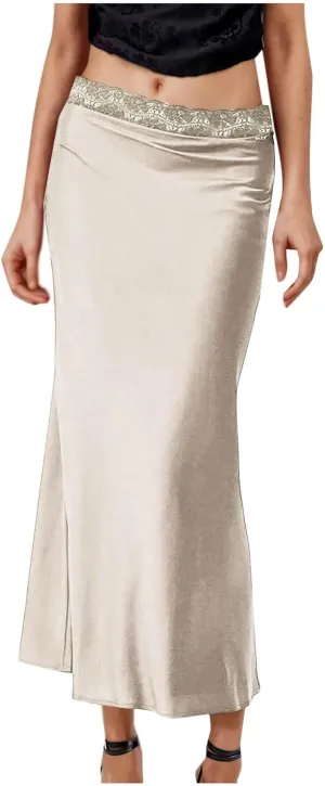 Womens Satin Silk Maxi Skirts Flared Dressy Casual Cocktail Party Evening Lace High Waist A-Line Mermaid Long Skirt