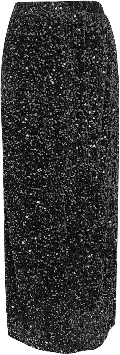 Women's Shiny Sparkly Sequin Maxi Skirt Women Elastic Waist Elastic Straight Long Skirt Glitter Low Sequin Pencil