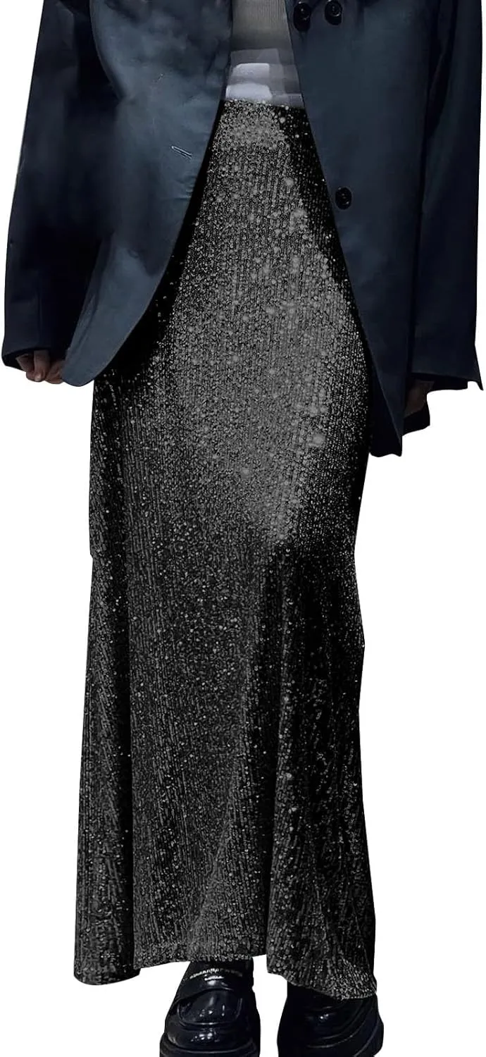 Women's Shiny Sparkly Sequin Maxi Skirt Women Elastic Waist Elastic Straight Long Skirt Glitter Low Sequin Pencil