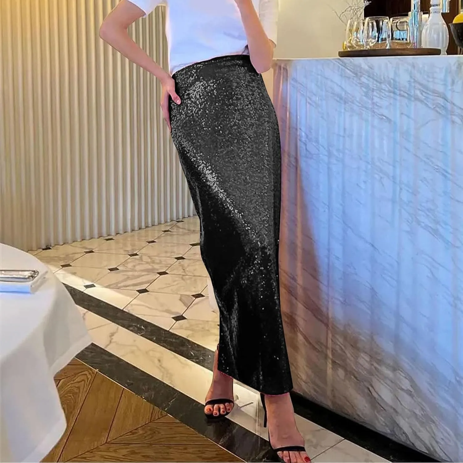 Women's Shiny Sparkly Sequin Maxi Skirt Women Elastic Waist Elastic Straight Long Skirt Glitter Low Sequin Pencil