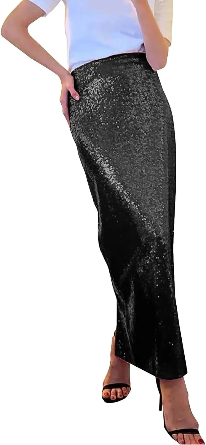 Women's Shiny Sparkly Sequin Maxi Skirt Women Elastic Waist Elastic Straight Long Skirt Glitter Low Sequin Pencil