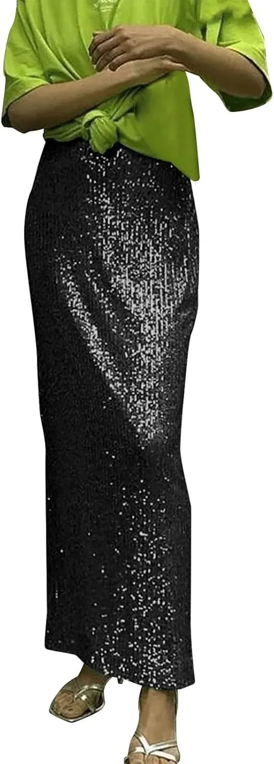 Women's Shiny Sparkly Sequin Maxi Skirt Women Elastic Waist Elastic Straight Long Skirt Glitter Low Sequin Pencil