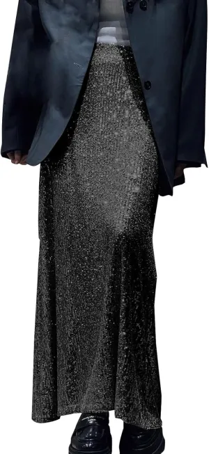 Women's Shiny Sparkly Sequin Maxi Skirt Women Elastic Waist Elastic Straight Long Skirt Glitter Low Sequin Pencil