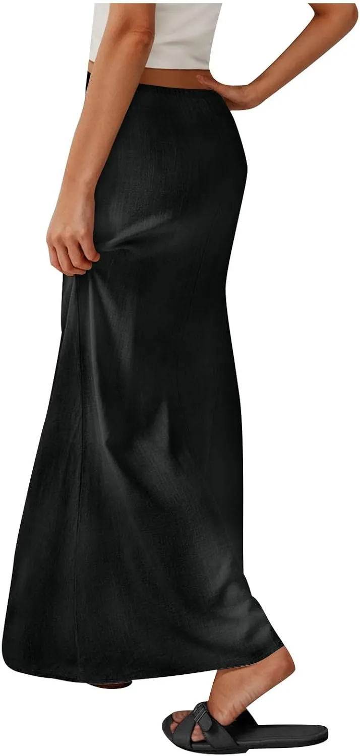 Women's Skirts Casual Solid Color Drawstring High Waist Flowy A Line Beach Long Maxi Skirt Summer Outfits Clothes