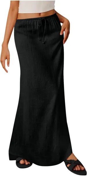 Women's Skirts Casual Solid Color Drawstring High Waist Flowy A Line Beach Long Maxi Skirt Summer Outfits Clothes