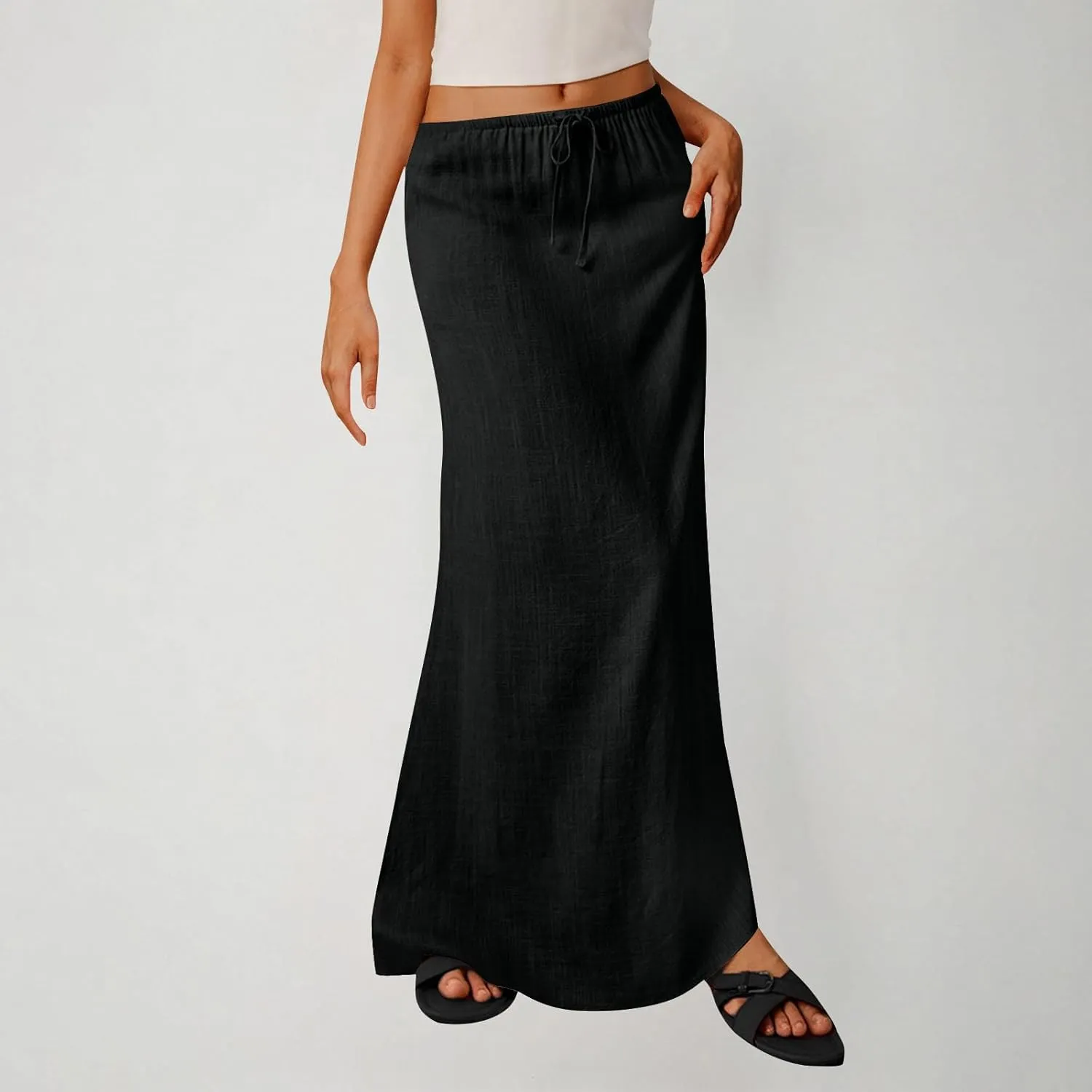 Women's Skirts Casual Solid Color Drawstring High Waist Flowy A Line Beach Long Maxi Skirt Summer Outfits Clothes