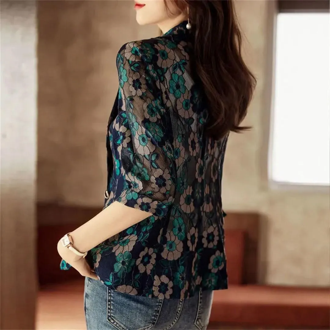Women's Spring Summer Small Suit Jacket Lace Embroidery Hollowed Out Slim Half Sleeve One Button Blazer