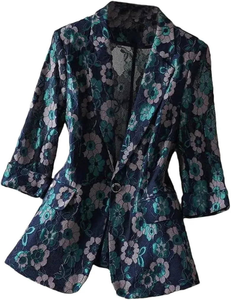 Women's Spring Summer Small Suit Jacket Lace Embroidery Hollowed Out Slim Half Sleeve One Button Blazer