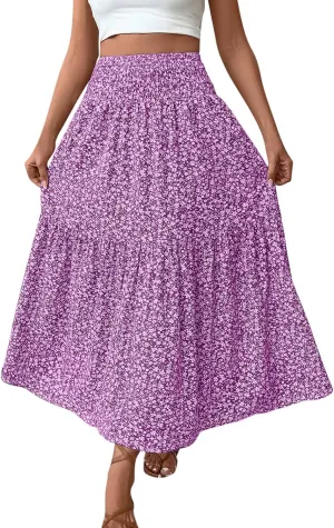 Womens Summer Boho Floral Flowy Tiered Maxi Skirt Fashion Elastic High Waist Pleated Vacation Beach Long Skirts